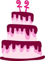 en rosa tre lager födelsedag kaka med ålder 22 för firande vektor Färg teckning eller illustration