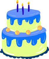 en vanilj kaka med blå fondant klä på sig och lysande ljus för firande vektor Färg teckning eller illustration