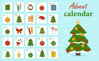 Weihnachts-Adventskalender mit Elementen des neuen Jahres, ein Weihnachtsbaum, Geschenke, Süßigkeiten, Dekorationen. Winterillustration für die Kreativität der Kinder. Vektor, Cartoon-Stil. vektor