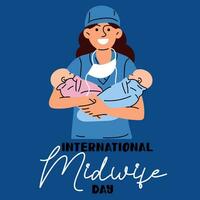 de internationell dag av barnmorskor är berömd årligen på Maj 5. en barnmorska är en medicinsk professionell vem bryr sig för mödrar och nyfödda under förlossning. sjuksköterska barnmorska med tvillingar i blå. vektor