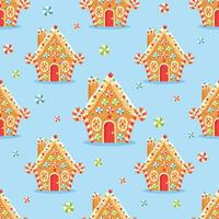 nahtlos Muster mit Lebkuchen Haus geformt Lebkuchen Kekse mit Dekorationen. Weihnachten Süßigkeiten und Leckereien.drucken Design zum Textil, Stoff, Verpackung Papier vektor