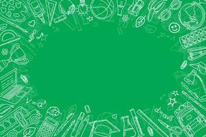 skola bakgrund. skola objekt och brevpapper på en grön bakgrund. hand dragen vektor illustration