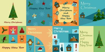 uppsättning av jul kort av vykort. jul Färg affischer. festlig geometrisk hälsning kort illustrationer. platt vektor stil.