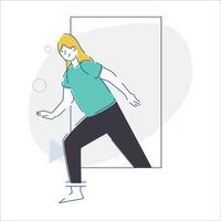 ung kvinna håller på med övningar i främre av spegel. platt vektor illustration.