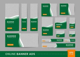 online Banner Anzeigen einstellen mit Grün und Weiß Farbe Kombination. mehrere Größe Banner Anzeigen. geeignet zum online Geschäft Beförderung vektor