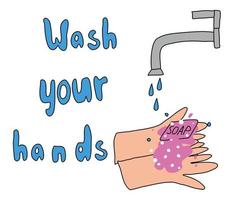 illustration tvätta händerna. en kvinna tvättar händerna, hennes händer är i tvål vektor