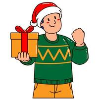 Mann im ein Santa claus Hut halten ein Geschenk Box vektor