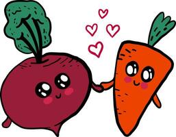 Zuckerrüben und ein Karotte im Liebe, Illustration, Vektor auf Weiß Hintergrund