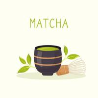 Matcha Tee Poster. einstellen von traditionell Tasse, Schneebesen, Tee Blätter im eben Stil. Werkzeuge zum japanisch Matcha Tee Zeremonie. vektor