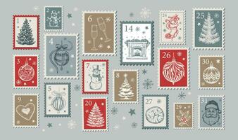 första advent kalender, jul stämplar, post, vykort hand dragen illustrationer. vektor