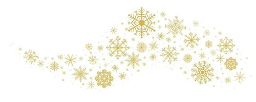 Vinka gyllene snöflinga virvla runt vinter- snö gräns is dekoration isolerat på vit bakgrund. Semester kristall kurva form design, magi prydnad. vektor illustration