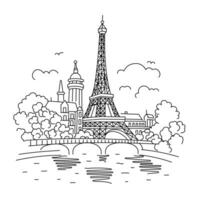 das Eiffel Turm im Paris gegen das Hintergrund von Häuser. Wahrzeichen von Paris. Illustration im linear Stil auf Weiß Hintergrund vektor