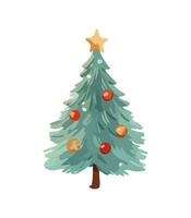 ai generiert Vektor Illustration von dekoriert Weihnachten Baum im Schnee auf Weiß Hintergrund. Grün flauschige Weihnachten Kiefer, isoliert auf Weiß Hintergrund. süß Weihnachten Baum im Karikatur Aquarell Stil.