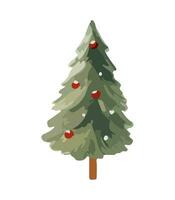 ai genererad vektor illustration av dekorerad jul träd. grön fluffig xmas tall, isolerat på vit bakgrund. söt jul träd i tecknad serie vattenfärg stil.