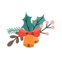 Weihnachtsglocken mit Pflanzen, Zweigen und Beeren, festliches Dekor für Postkarten, Poster im flachen Stil vektor