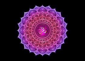 siebte chakra sahasrara logo vorlage. Kronen-Chakra-Symbol, lila Lotus-Sakralzeichen-Meditation, Yoga-Gold-Runde-Mandala-Symbol. Goldsymbol om in der Mitte, Vektor auf schwarzem Hintergrund isoliert