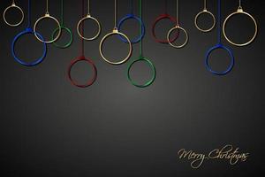 rote, blaue, grüne und goldene Weihnachtskugeln mit Saiten auf schwarzem Hintergrund. Feiertagsgrußkarte mit Zeichen der frohen Weihnachten. frohes neues jahr vektorillustration vektor