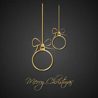 moderne einfache goldene weihnachtskugeln mit bogen auf schwarzem hintergrund. Feiertagsgrußkarte mit Frohe Weihnachten-Zeichen vektor