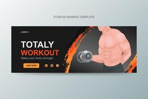 Banner-Anzeigenvorlage für Fitnessstudio. Abbildung 3d des anhebenden Barbells des starken Mannes. Sportbanner-Design vektor