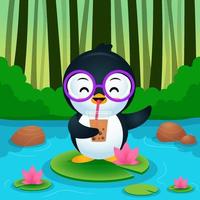 Cartoon niedlicher Pinguin steht auf Lotus, trinke Bubble Tea oder Pearl Tea vektor