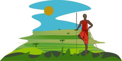 en lång maasai krigare tittar på över gräsmarker, vektor eller Färg illustration.