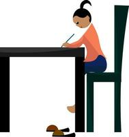 ClipArt av en flicka sittande i lång stol av de studie tabell och skrivning vektor eller Färg illustration