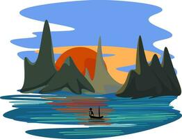 schön Landschaft von ein Fischer Segeln über das Meer während Sonnenuntergang Vektor oder Farbe Illustration