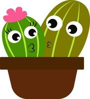 Junge und Mädchen Kaktus Pflanzen im ein braun Blume Topf Vektor oder Farbe Illustration
