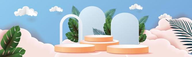 3d geometriska podium mockup blad tropiska naturliga koncept för vitrin grön bakgrund abstrakt minimal scen produkt presentation vektor illustratör