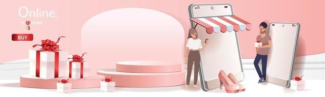 Online-Shopping am Telefon mit Podium Papierkunst moderner rosa Hintergrund Geschenkbox Illustration Vektor. vektor