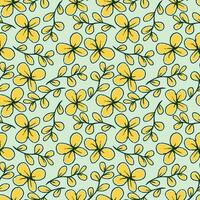 färsk grön gul natur lövverk blomma löv upprepa sömlös mönster klotter tecknad serie stil tapet vektor illustration