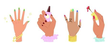 einstellen von weiblich Hände mit farbig gepflegt Nägel, Ringe. Nägel Design. Hand gezeichnet farbig modern Vektor Illustration isoliert auf Weiß.