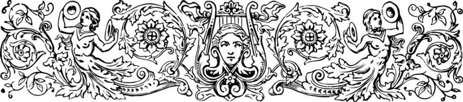 Engel Banner haben zwei Engel und ein Gesicht im das Mitte von das Bild Jahrgang Gravur. vektor