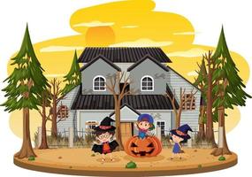 Kinder feiern Halloween vor altem Haus vektor