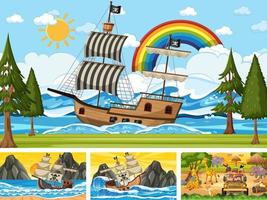 uppsättning av olika scener med piratskepp vid havet och djur i djurparken vektor