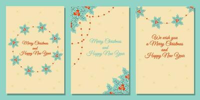 uppsättning av glad jul och Lycklig ny år posters och hälsning kort i retro stil med önskar vektor