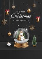 god julbakgrund med realistisk julprydnad. jul snögubbe, träd och klocka. vektor illustration.