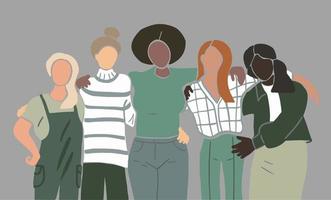 grupp med fem kvinnliga vänner med olika hudtoner och hårfärger, olika kroppstyper. mångfaldskoncept. minimal platt vektor illustration
