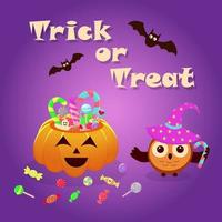 halloween pumpakorg full av godis och godis och uggla i en magisk hatt. vektor