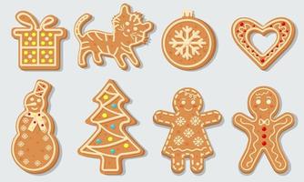 Weihnachtslebkuchenplätzchen in Form von Weihnachtskugel, Weihnachtsbaum, Tiger, Herz, Schneemann, Geschenk und Lebkuchenmännern. vektor
