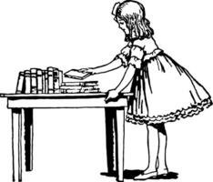 Mädchen Platzierung Bücher auf Tisch, Schalter, Jahrgang Gravur. vektor