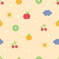 Hand gezeichnet nahtlos Muster mit süß Kirsche, orange, Kiwi, Apfel, Wolke, und Sonne vektor
