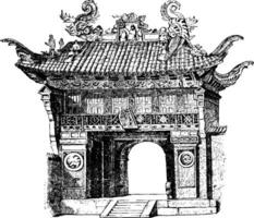 entré-grind till de tempel av confucius på Shanghai, öppning, årgång gravyr. vektor