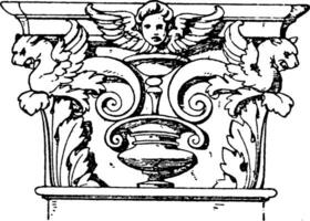 corinthian pilaster huvudstad, spiral skrolla tycka om ornament, årgång gravyr. vektor