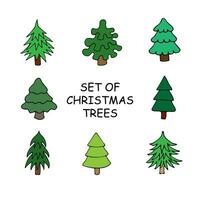 Vektor einstellen von Weihnachten Bäume im Karikatur Stil. farbig Kritzeleien auf ein Weiß Hintergrund. dekorativ Elemente zum dekorieren Karten, Einladungen und Glückwunsch.