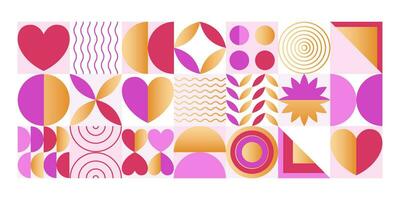 geometrisch abstrakt Valentinstag Tag Komposition, Urlaub Banner mit dekorativ Design Elemente, Herz Symbole und anders Formen. Vektor Illustration.