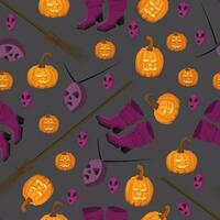 sömlös mönster med attribut för fira halloween på en mörk bakgrund vektor
