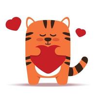 süße kleine orange Tigerkatze im flachen Stil. das Tier steht mit einem Herzen. das symbol des chinesischen neuen jahres 2022. für banner, kinderzimmer, dekor. handgezeichnete Vektorgrafik. vektor