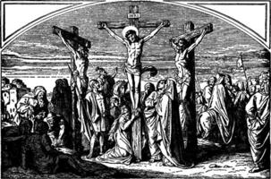 de crucifixion av Jesus med två rånare årgång illustration. vektor