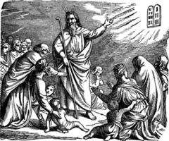 Moses offenbart das zehn Gebote zu das Kinder von Israel Jahrgang Illustration. vektor